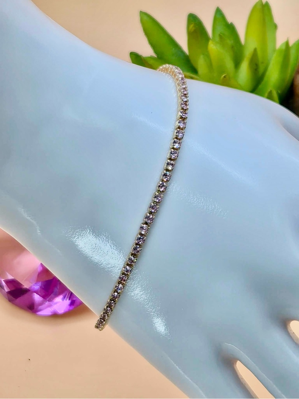 Delicate Gold Plated Tennis Bracelet with Pink Clear Stones - Women Jewelry